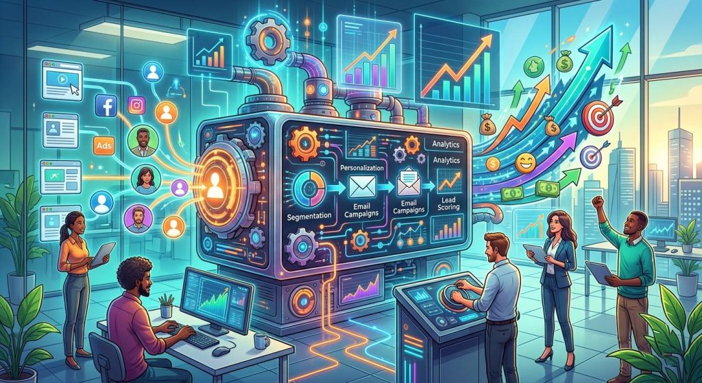 Automação de marketing mostrando processos automatizados, campanhas digitais e crescimento de resultados nas empresas