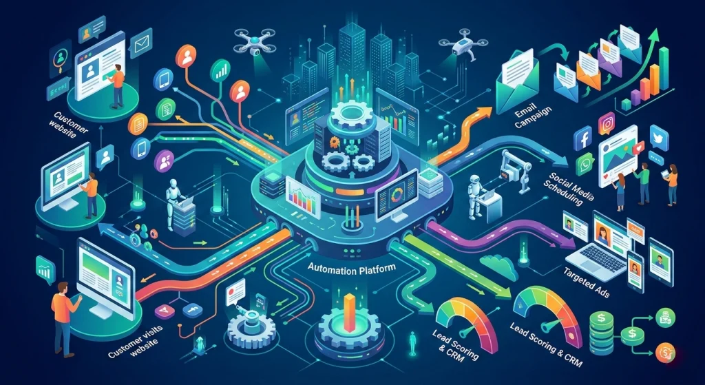 Automação de marketing com integração de dados, leads e fluxos inteligentes