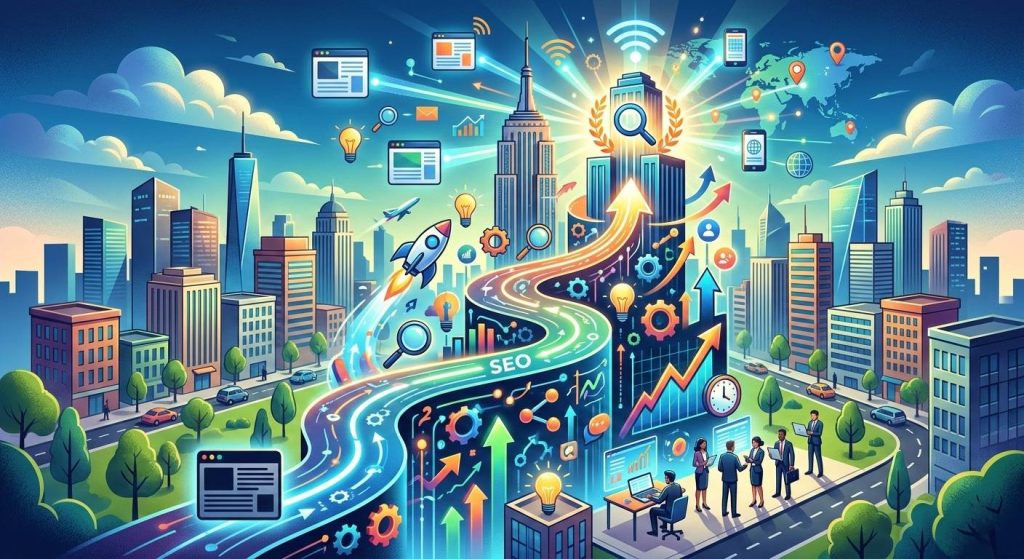 Ilustração futurista de SEO para empresas mostrando caminho luminoso de crescimento com foguetes, gráficos ascendentes e elementos de busca IA, ilustrando estratégias para aumentar a visibilidade no Google e conquistar posições de destaque nos resultados de pesquisa